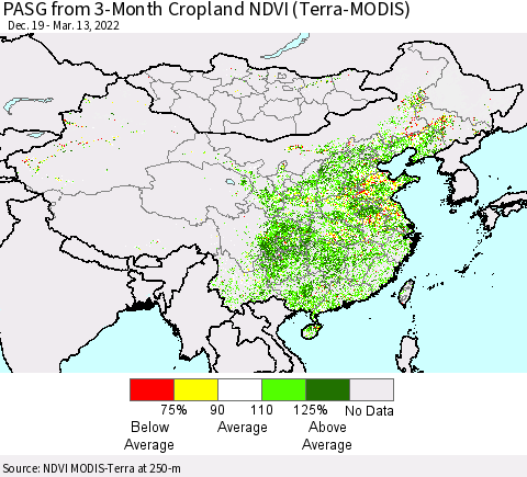 China, Mongolia and Taiwan PASG from 3-Month Cropland NDVI (Terra-MODIS) Thematic Map For 3/6/2022 - 3/13/2022