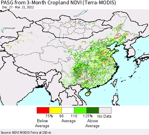 China, Mongolia and Taiwan PASG from 3-Month Cropland NDVI (Terra-MODIS) Thematic Map For 3/14/2022 - 3/21/2022