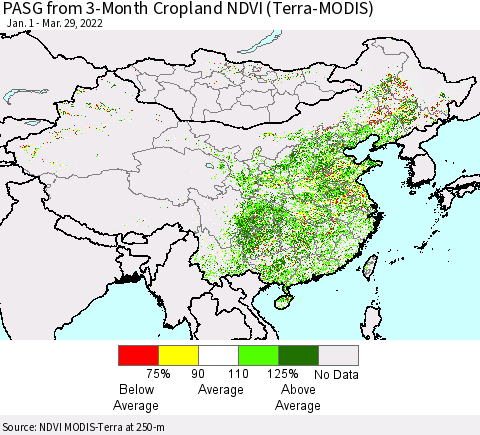 China, Mongolia and Taiwan PASG from 3-Month Cropland NDVI (Terra-MODIS) Thematic Map For 3/22/2022 - 3/29/2022