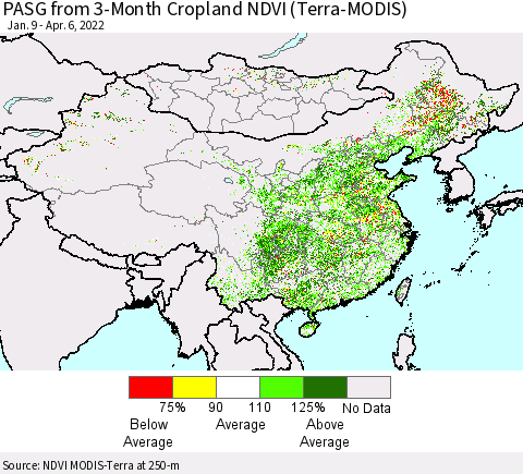China, Mongolia and Taiwan PASG from 3-Month Cropland NDVI (Terra-MODIS) Thematic Map For 3/30/2022 - 4/6/2022