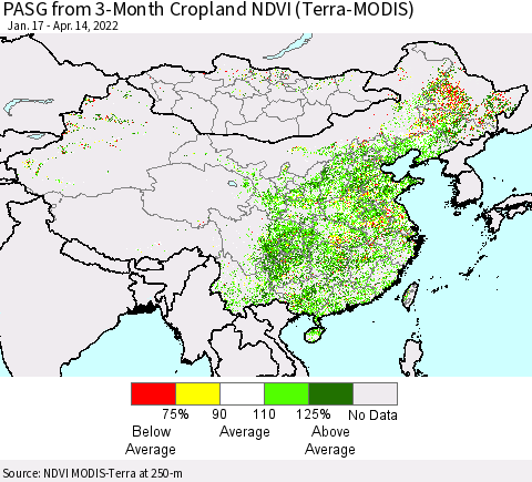 China, Mongolia and Taiwan PASG from 3-Month Cropland NDVI (Terra-MODIS) Thematic Map For 4/7/2022 - 4/14/2022