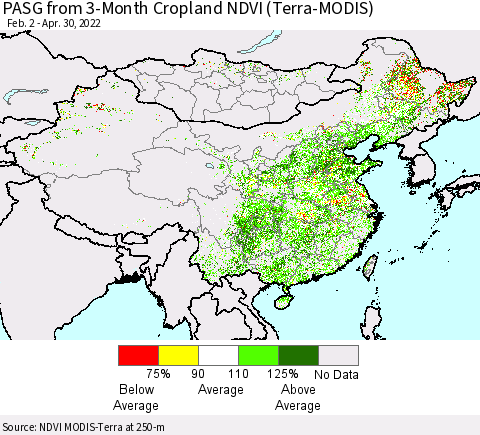 China, Mongolia and Taiwan PASG from 3-Month Cropland NDVI (Terra-MODIS) Thematic Map For 4/23/2022 - 4/30/2022