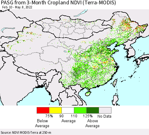 China, Mongolia and Taiwan PASG from 3-Month Cropland NDVI (Terra-MODIS) Thematic Map For 5/1/2022 - 5/8/2022
