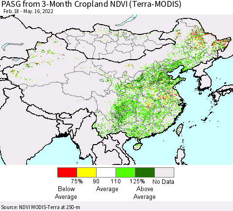 China, Mongolia and Taiwan PASG from 3-Month Cropland NDVI (Terra-MODIS) Thematic Map For 5/9/2022 - 5/16/2022