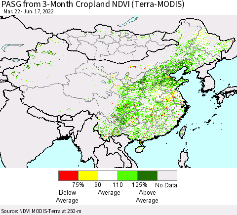 China, Mongolia and Taiwan PASG from 3-Month Cropland NDVI (Terra-MODIS) Thematic Map For 6/10/2022 - 6/17/2022