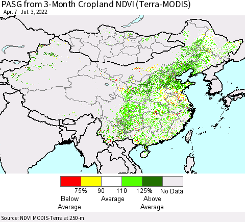 China, Mongolia and Taiwan PASG from 3-Month Cropland NDVI (Terra-MODIS) Thematic Map For 6/26/2022 - 7/3/2022