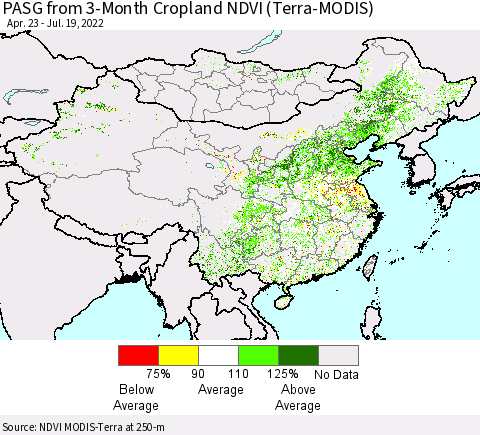 China, Mongolia and Taiwan PASG from 3-Month Cropland NDVI (Terra-MODIS) Thematic Map For 7/12/2022 - 7/19/2022