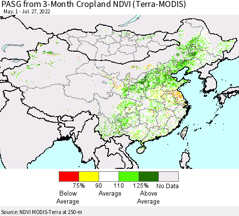 China, Mongolia and Taiwan PASG from 3-Month Cropland NDVI (Terra-MODIS) Thematic Map For 7/20/2022 - 7/27/2022
