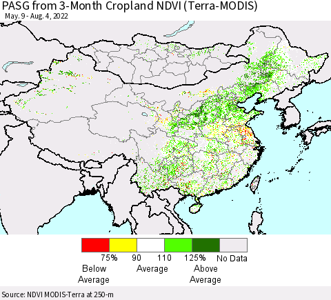 China, Mongolia and Taiwan PASG from 3-Month Cropland NDVI (Terra-MODIS) Thematic Map For 7/28/2022 - 8/4/2022