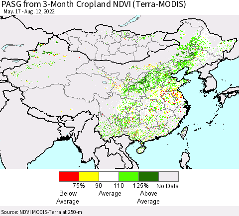 China, Mongolia and Taiwan PASG from 3-Month Cropland NDVI (Terra-MODIS) Thematic Map For 8/5/2022 - 8/12/2022