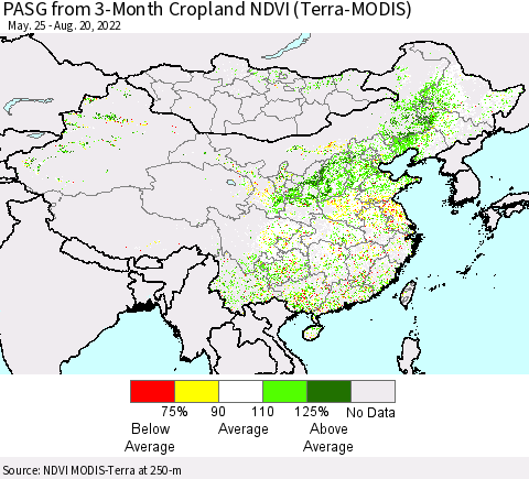 China, Mongolia and Taiwan PASG from 3-Month Cropland NDVI (Terra-MODIS) Thematic Map For 8/13/2022 - 8/20/2022