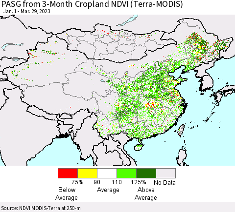 China, Mongolia and Taiwan PASG from 3-Month Cropland NDVI (Terra-MODIS) Thematic Map For 3/22/2023 - 3/29/2023