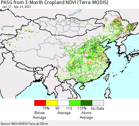 China, Mongolia and Taiwan PASG from 3-Month Cropland NDVI (Terra-MODIS) Thematic Map For 4/7/2023 - 4/14/2023