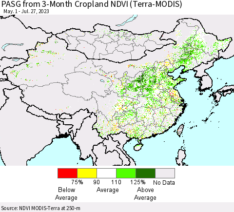 China, Mongolia and Taiwan PASG from 3-Month Cropland NDVI (Terra-MODIS) Thematic Map For 7/20/2023 - 7/27/2023