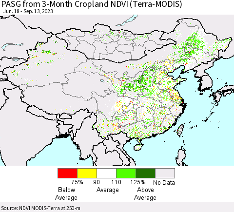 China, Mongolia and Taiwan PASG from 3-Month Cropland NDVI (Terra-MODIS) Thematic Map For 9/6/2023 - 9/13/2023