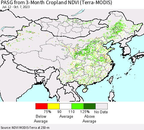 China, Mongolia and Taiwan PASG from 3-Month Cropland NDVI (Terra-MODIS) Thematic Map For 9/30/2023 - 10/7/2023