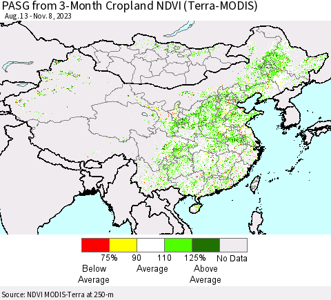 China, Mongolia and Taiwan PASG from 3-Month Cropland NDVI (Terra-MODIS) Thematic Map For 11/1/2023 - 11/8/2023