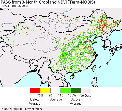 China, Mongolia and Taiwan PASG from 3-Month Cropland NDVI (Terra-MODIS) Thematic Map For 12/19/2023 - 12/26/2023