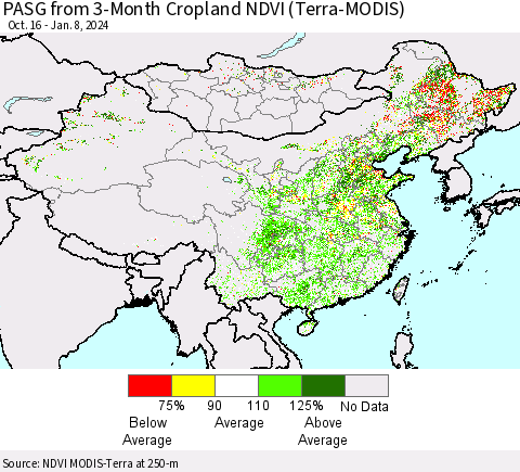 China, Mongolia and Taiwan PASG from 3-Month Cropland NDVI (Terra-MODIS) Thematic Map For 1/1/2024 - 1/8/2024