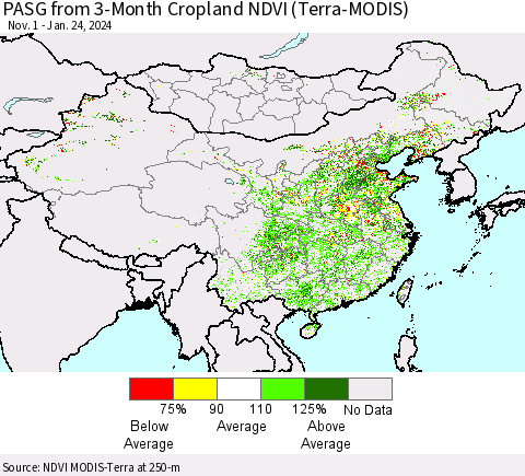 China, Mongolia and Taiwan PASG from 3-Month Cropland NDVI (Terra-MODIS) Thematic Map For 1/17/2024 - 1/24/2024