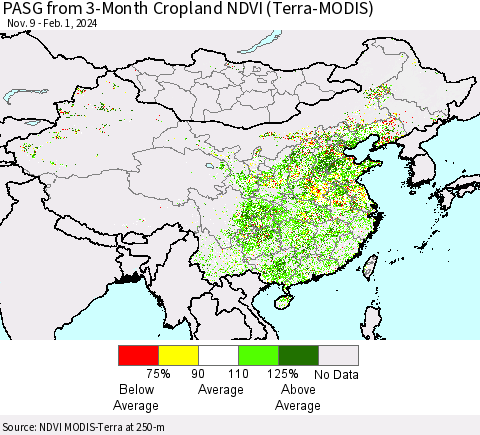 China, Mongolia and Taiwan PASG from 3-Month Cropland NDVI (Terra-MODIS) Thematic Map For 1/25/2024 - 2/1/2024