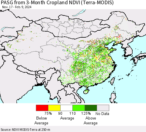 China, Mongolia and Taiwan PASG from 3-Month Cropland NDVI (Terra-MODIS) Thematic Map For 2/2/2024 - 2/9/2024