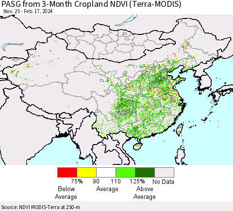 China, Mongolia and Taiwan PASG from 3-Month Cropland NDVI (Terra-MODIS) Thematic Map For 2/10/2024 - 2/17/2024