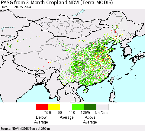China, Mongolia and Taiwan PASG from 3-Month Cropland NDVI (Terra-MODIS) Thematic Map For 2/18/2024 - 2/25/2024