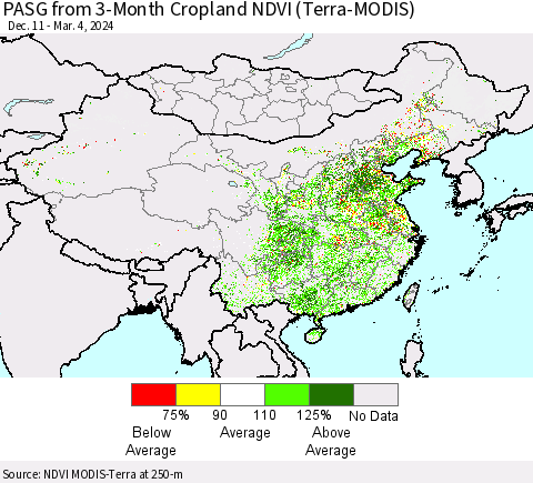 China, Mongolia and Taiwan PASG from 3-Month Cropland NDVI (Terra-MODIS) Thematic Map For 2/26/2024 - 3/4/2024