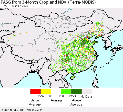China, Mongolia and Taiwan PASG from 3-Month Cropland NDVI (Terra-MODIS) Thematic Map For 3/5/2024 - 3/12/2024