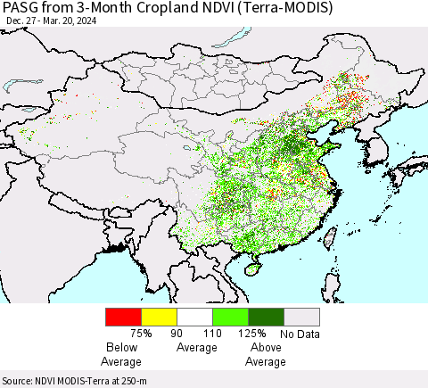 China, Mongolia and Taiwan PASG from 3-Month Cropland NDVI (Terra-MODIS) Thematic Map For 3/13/2024 - 3/20/2024