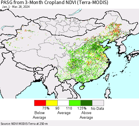 China, Mongolia and Taiwan PASG from 3-Month Cropland NDVI (Terra-MODIS) Thematic Map For 3/21/2024 - 3/28/2024