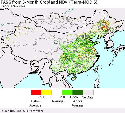 China, Mongolia and Taiwan PASG from 3-Month Cropland NDVI (Terra-MODIS) Thematic Map For 3/29/2024 - 4/5/2024