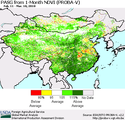 China, Mongolia and Taiwan PASG from 1-Month NDVI (PROBA-V) Thematic Map For 3/1/2018 - 3/10/2018