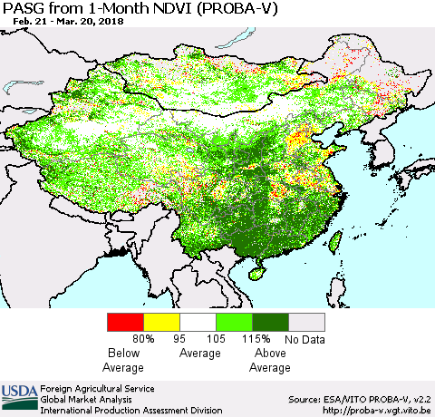 China, Mongolia and Taiwan PASG from 1-Month NDVI (PROBA-V) Thematic Map For 3/11/2018 - 3/20/2018