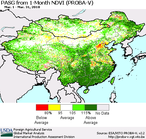 China, Mongolia and Taiwan PASG from 1-Month NDVI (PROBA-V) Thematic Map For 3/21/2018 - 3/31/2018