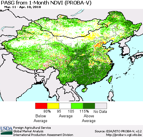 China, Mongolia and Taiwan PASG from 1-Month NDVI (PROBA-V) Thematic Map For 4/1/2018 - 4/10/2018