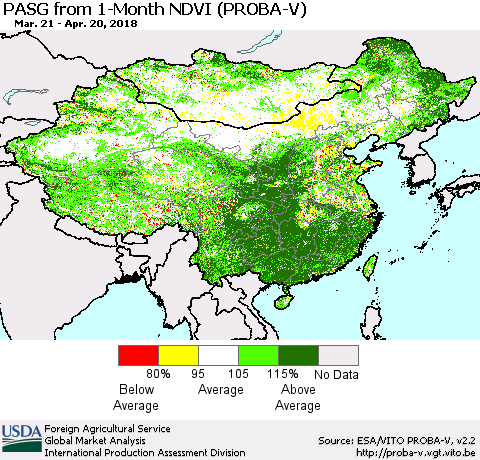 China, Mongolia and Taiwan PASG from 1-Month NDVI (PROBA-V) Thematic Map For 4/11/2018 - 4/20/2018
