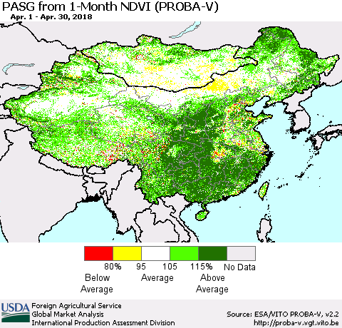 China, Mongolia and Taiwan PASG from 1-Month NDVI (PROBA-V) Thematic Map For 4/21/2018 - 4/30/2018