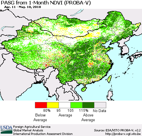 China, Mongolia and Taiwan PASG from 1-Month NDVI (PROBA-V) Thematic Map For 5/1/2018 - 5/10/2018