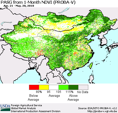 China, Mongolia and Taiwan PASG from 1-Month NDVI (PROBA-V) Thematic Map For 5/11/2018 - 5/20/2018