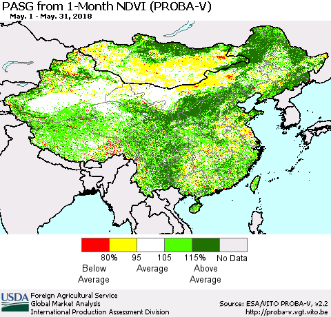 China, Mongolia and Taiwan PASG from 1-Month NDVI (PROBA-V) Thematic Map For 5/21/2018 - 5/31/2018