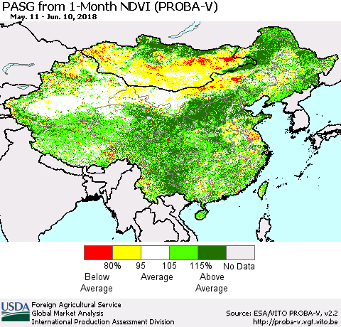 China, Mongolia and Taiwan PASG from 1-Month NDVI (PROBA-V) Thematic Map For 6/1/2018 - 6/10/2018