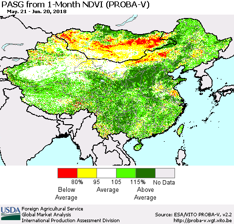 China, Mongolia and Taiwan PASG from 1-Month NDVI (PROBA-V) Thematic Map For 6/11/2018 - 6/20/2018