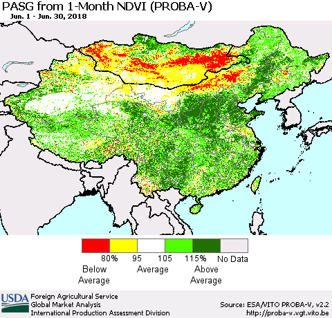 China, Mongolia and Taiwan PASG from 1-Month NDVI (PROBA-V) Thematic Map For 6/21/2018 - 6/30/2018