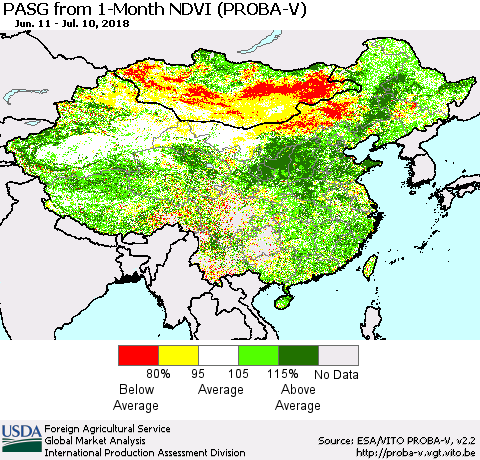 China, Mongolia and Taiwan PASG from 1-Month NDVI (PROBA-V) Thematic Map For 7/1/2018 - 7/10/2018