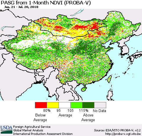 China, Mongolia and Taiwan PASG from 1-Month NDVI (PROBA-V) Thematic Map For 7/11/2018 - 7/20/2018