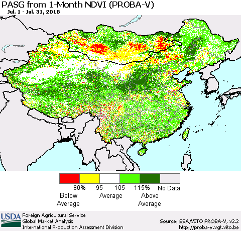 China, Mongolia and Taiwan PASG from 1-Month NDVI (PROBA-V) Thematic Map For 7/21/2018 - 7/31/2018