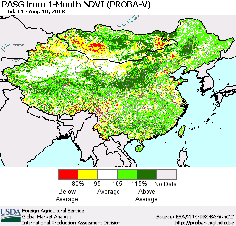 China, Mongolia and Taiwan PASG from 1-Month NDVI (PROBA-V) Thematic Map For 8/1/2018 - 8/10/2018