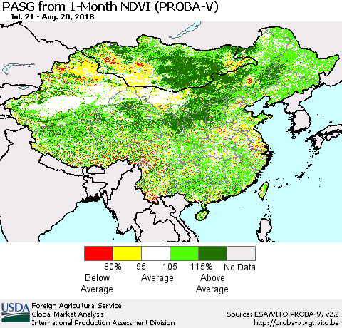 China, Mongolia and Taiwan PASG from 1-Month NDVI (PROBA-V) Thematic Map For 8/11/2018 - 8/20/2018